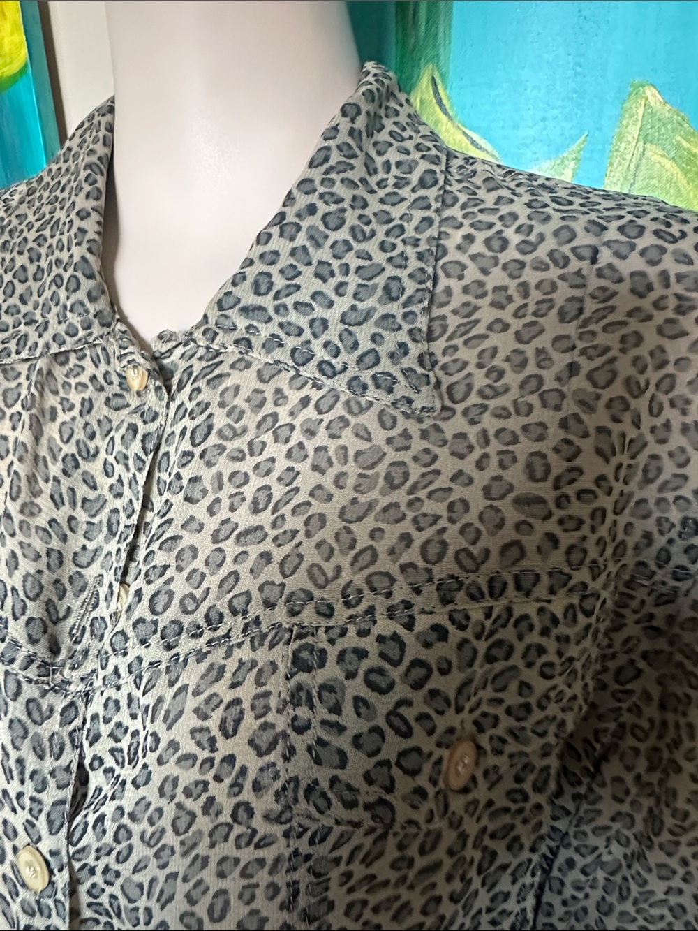 Semi-Sheer Leopard Print Button-Down Blouse - Taupe - Picture 2 of 8